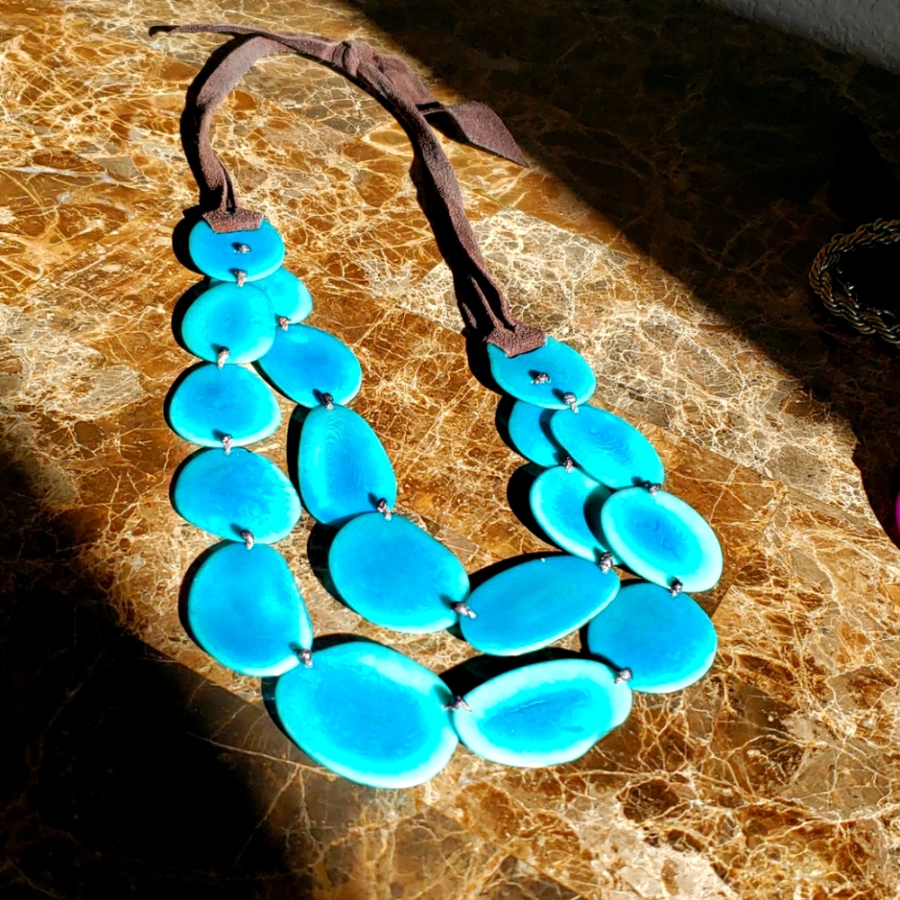 Palm nut necklace, Caribbean blue